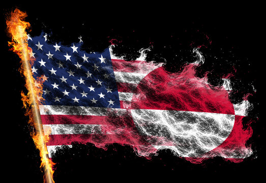 3D illustration. Flag of USA and Greenland on a flame.
