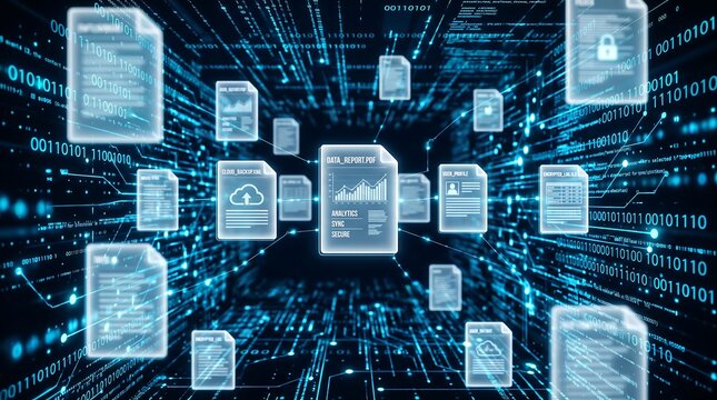 Digital data management and cloud storage visualization with glowing holographic file icons.