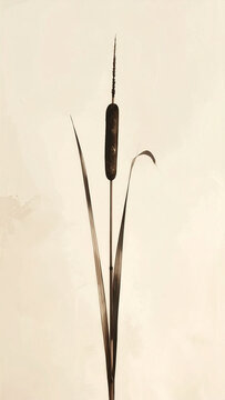 Tall cattail reed standing upright in minimalist fine line ink botanical drawing generative AI