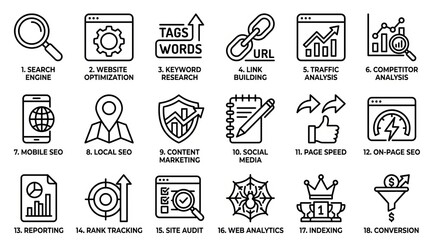 Fototapeta premium Collection of vintage black and white icon designs for various activities and symbols.