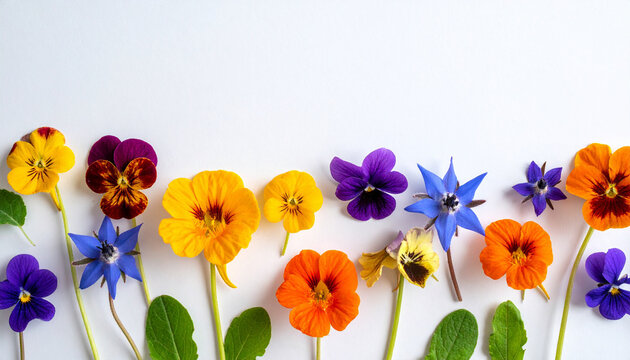 Borage nasturtium and violet edible flowers arranged in row on culinary botanical chart generative AI