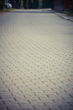 Empty cobblestone street with gentle curves on a quiet day.