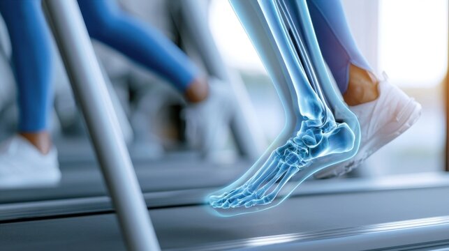 Anatomical of foot and ankle bones with highlighted nervous system during treadmill running