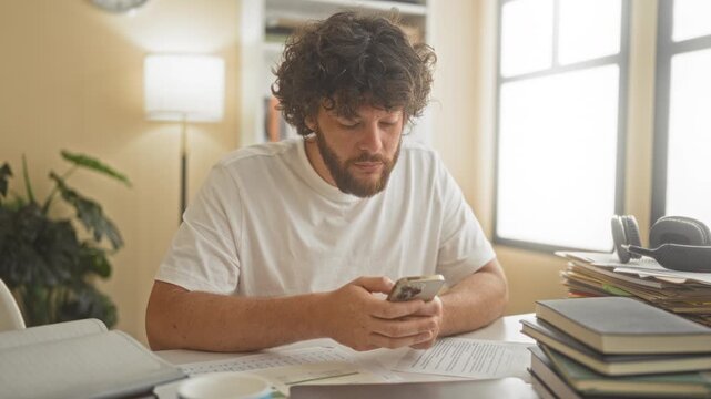 Man holding smartphone, smiling and fist pump gesture at desk surrounded by books and papers in building; achievement joy.