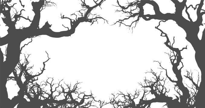 Vintage Black White Tree Frame, Decorative Grunge Border with Tree Silhouette, Rough Distressed Lines, Branches, Grain and Rustic Nature Illustration