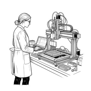 Researcher using pipetting robot arm for laboratory automation in science blog and website