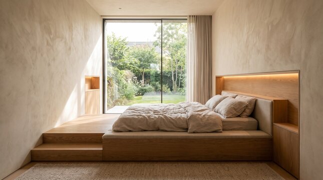 Minimalist sunken bedroom with integrated oak sleeping platform