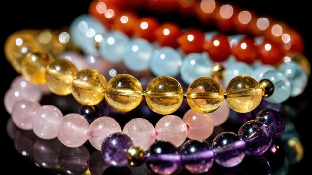 Colorful beaded crystal bracelets stacked together with reflective surface details