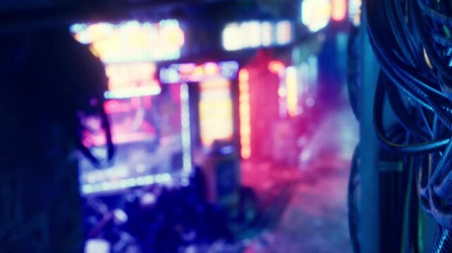 A street scene shows bright neon lights in a city at night. People walk past vibrant signs while wires hang nearby. The atmosphere feels lively and energetic with motion.