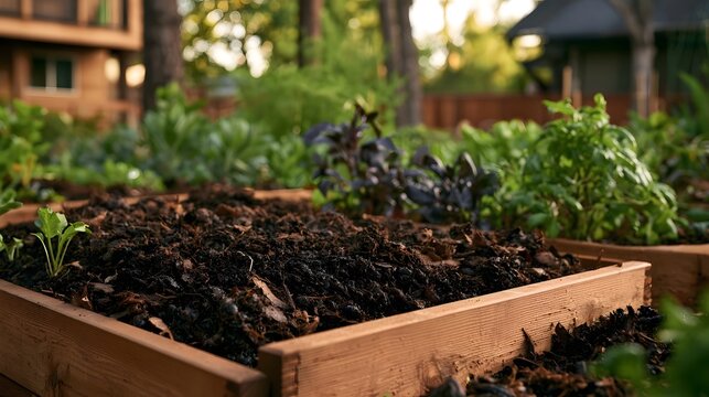 A close up view of a wooden raised garden bed filled with rich dark soil and young green plants under soft natural light