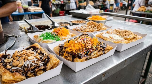 Delicious Thai Street Food Roti Pancakes with Various Sweet Toppings on a Metal Table at a Night Market