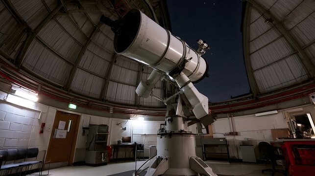 A large telescope inside an observatory dome with stars visible through the open roof at night