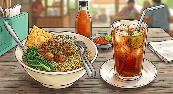 Mie ayam, saus, sambal, dan segelas es teh