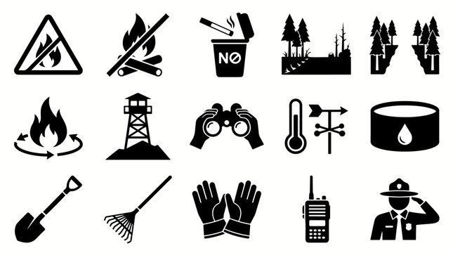Wildfire management icon set featuring forest safety prevention and emergency response symbols