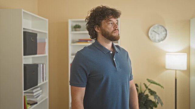 Man with crossed arms, beard visible, standing near bookshelf in building with lamp and clock; confidence resolve.