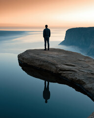 Obraz premium Person cliff reflection water sunrise solitude landscape nature sky peaceful. person stands cliff edge above calm water reflecting sky sunrise