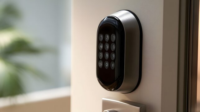 A sleek digital keypad lock mounted on a light colored door with a blurred indoor background