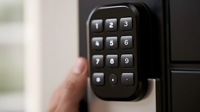 A close up of a black numeric keypad mounted on a door  with a finger pressing a button  showing modern security technology
