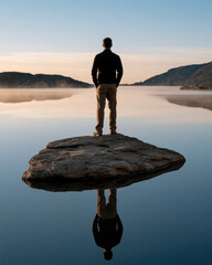 Obraz premium Lone person stands on rock by calm lake, surrounded by mountains, reflecting in water, peaceful sunrise, solitude, nature, outdoor
