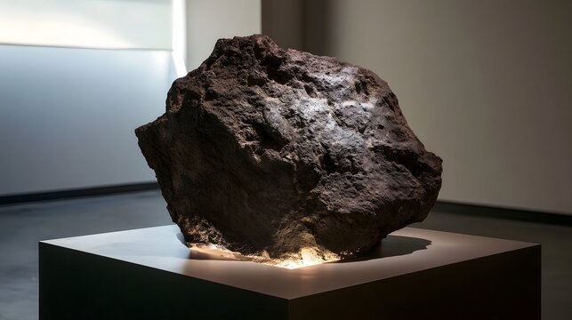 A large  rough textured meteorite rests on a minimalist pedestal in a modern gallery space with soft  directional lighting
