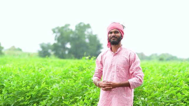 Young indian farmer standing at split pigeon pea agriculture field 