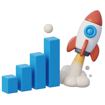 Rocket launching bar chart 3d for business growth investment strategy startup success expansion