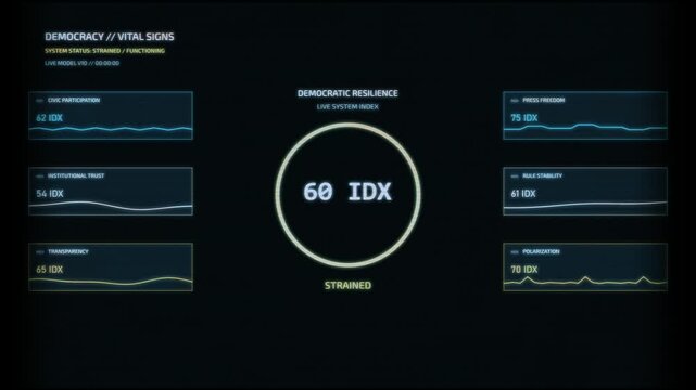 Digital dashboard displays Democracy Vital Signs with a live system index indicating Strained status. Metrics include press freedom, citizen participation, and democratic resilience.
