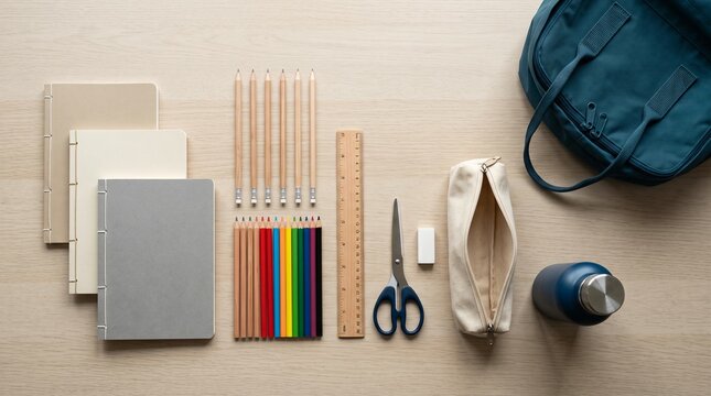 Flat lay of school supplies organized neatly on a wooden desk including notebooks and pencils