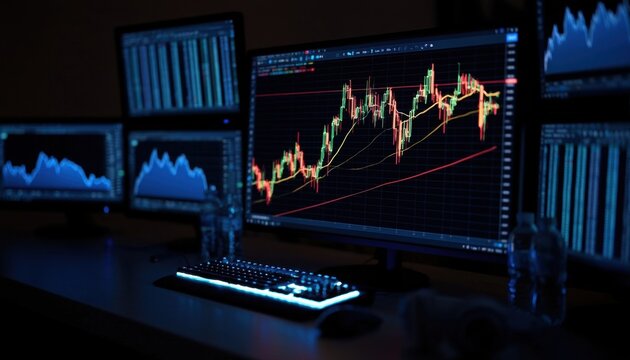 Multiple computer monitors displaying stock market trading charts with candlestick graphs and technical indicators in a dimly lit workspace