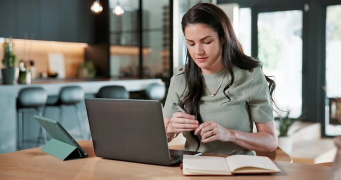 Creative, writing and woman with laptop in house, remote work and info for story development on web. Freelancer, notes and person with technology, writer and editing ebook draft with journal in home
