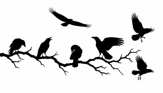 Horizontal band of black crow silhouettes on a branch