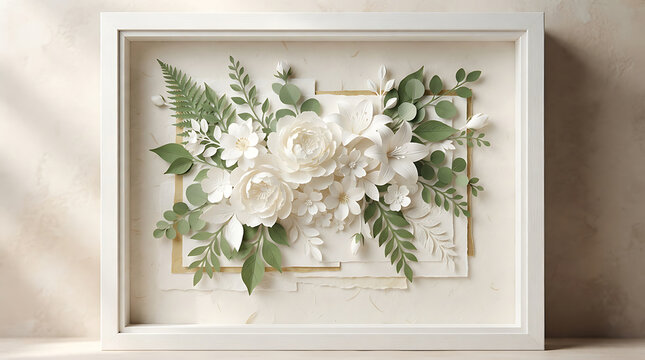 Framed botanical papercraft arrangement with white flowers and green leaves