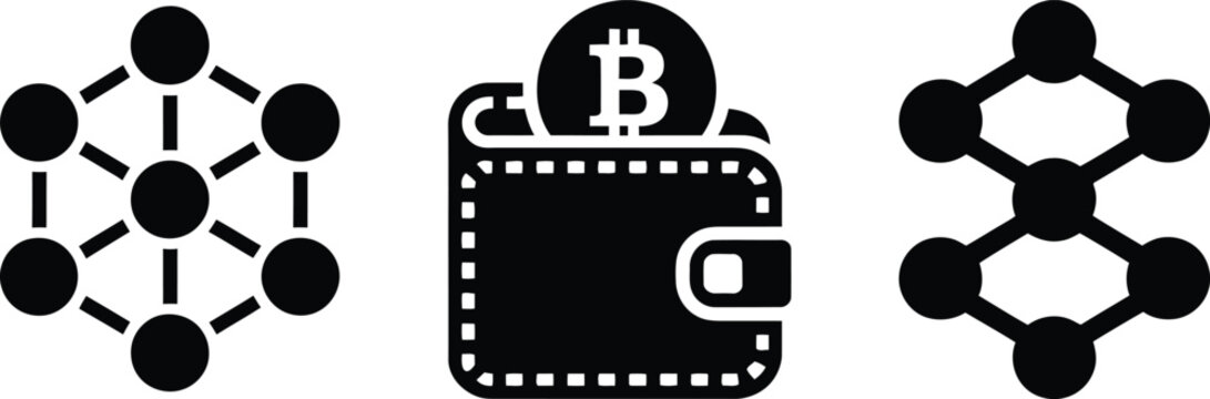Set of cryptocurrency icons including blockchain network and bitcoin wallet