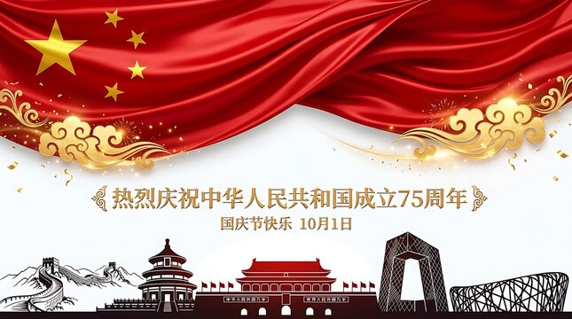 China national day 75th anniversary greeting with flag and landmarks