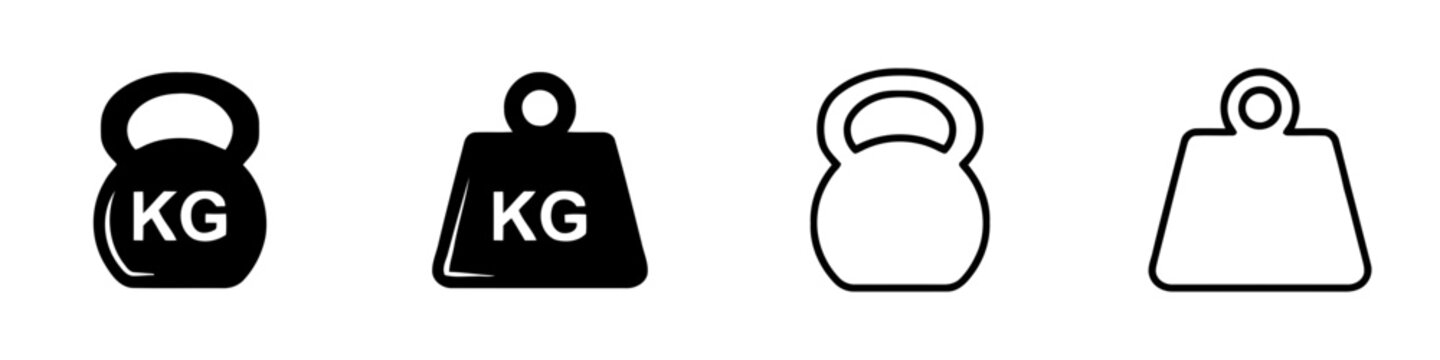 Set of weight kettlebells and kilogram weights in outline and solid vector icon styles with weight kettlebell gym equipment fitness weight exercise tool heavy weight strength training kg weight