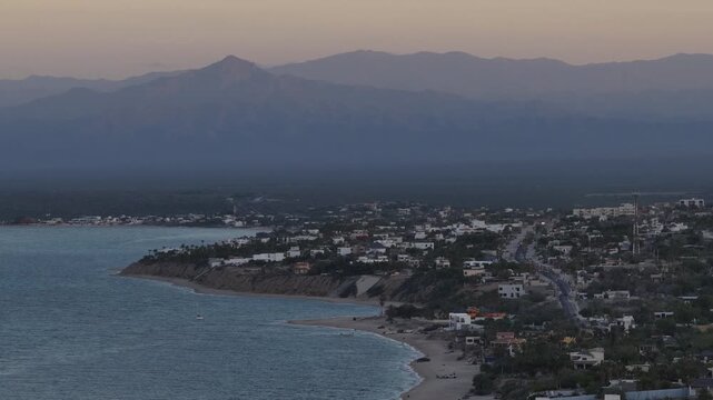 Aerial view of El Sargento on the Bahia de La Ventana coast at dusk, Mexico