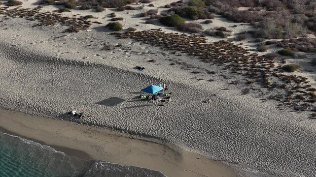 Aerial view of people relaxing under a blue tent on the beach at Isla Cerralvo.