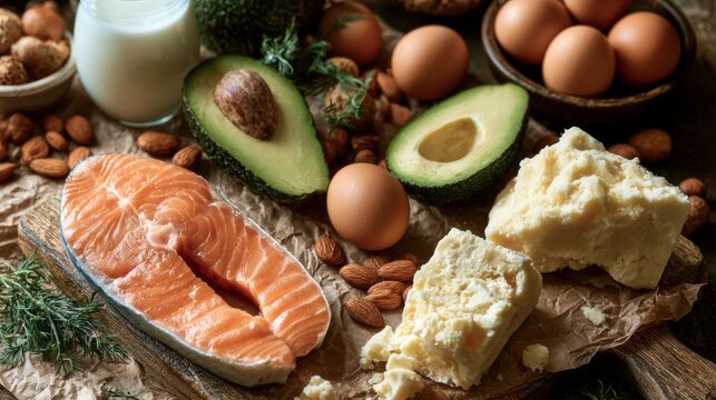 Fresh healthy food ingredients including salmon steak, avocado halves, whole eggs, cheese, almonds, fresh milk, and herbs arranged on rustic wooden surface