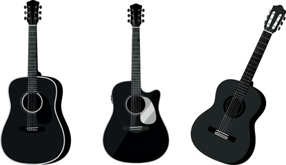 Obraz premium Acoustic Guitar Black Silhouette Icon Set featuring Dreadnought Classical and Cutaway Body Shapes for Country Folk and Rock Music Vector Illustrations