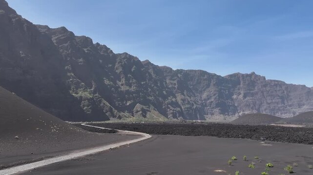Fogo Island, Cape Verde, Drone Shot of Volcanic Hills and Lava Fields by Road, Post Apocalyptic Scenery