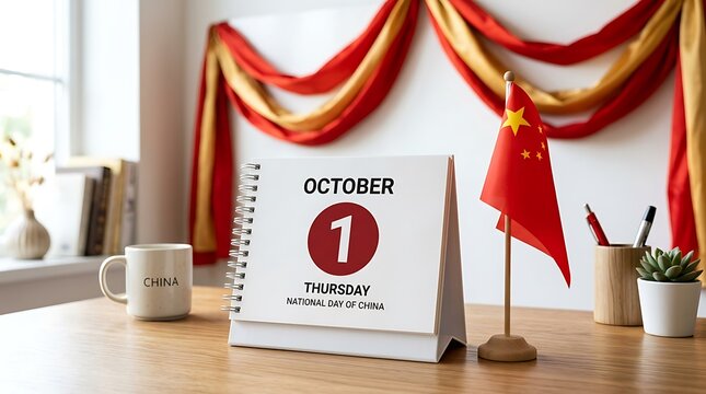 Desk calendar showing october first with a small flag and decorations