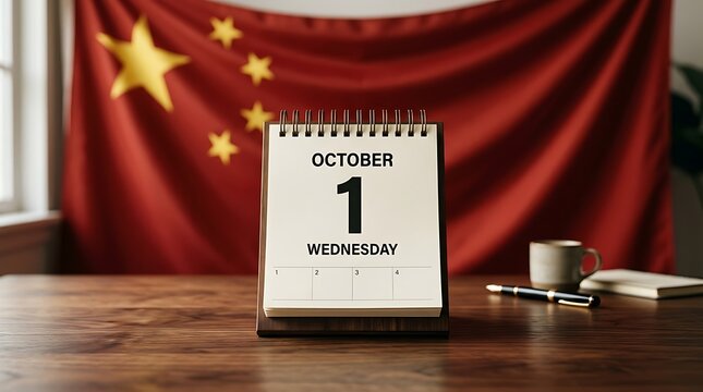 Desk calendar displaying october first in front of a large flag with china flag