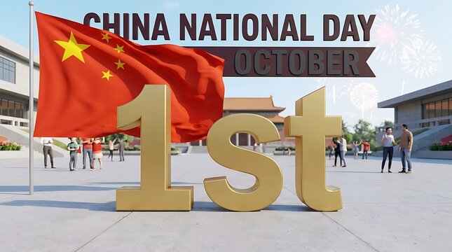 China national day celebration with golden numbers and waving flag