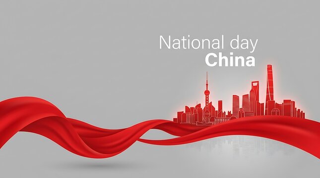 National day china banner design with red silk wave and city skyline silhouette