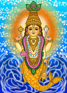 hand drawn digital art of lord vishnu's matsya incarnation