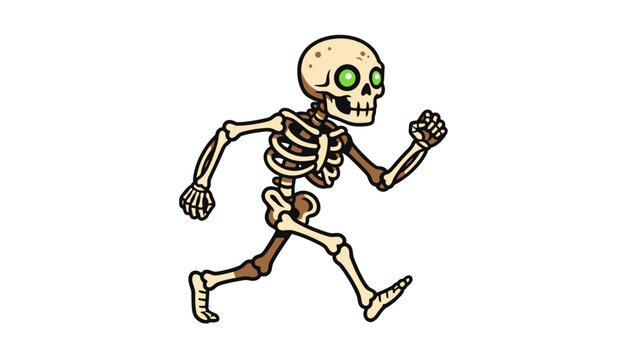 Cartoon skeleton figure with glowing green eyes running rapidly across a solid light off-white background in a dynamic motion pose.