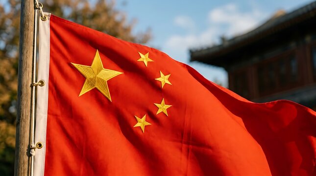 Chinese national flag waving proudly against ancient temple roof and blue sky