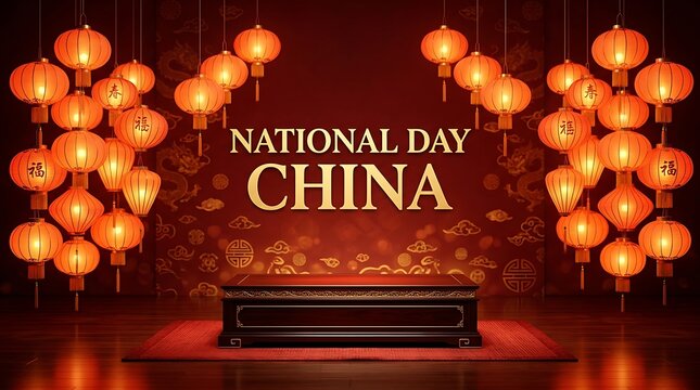 National day china celebration background with glowing red lanterns and pedestal