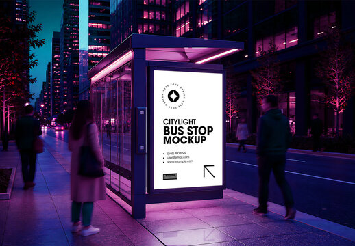 Bus Stop Poster at Night Mockup