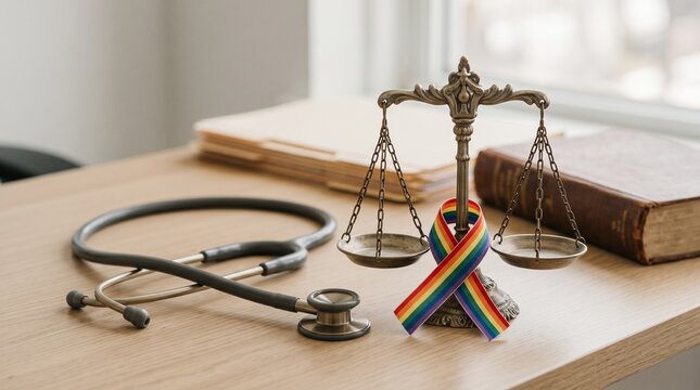 Lady Justice and Stethoscope Representing LGBTQ Healthcare Equality Rights